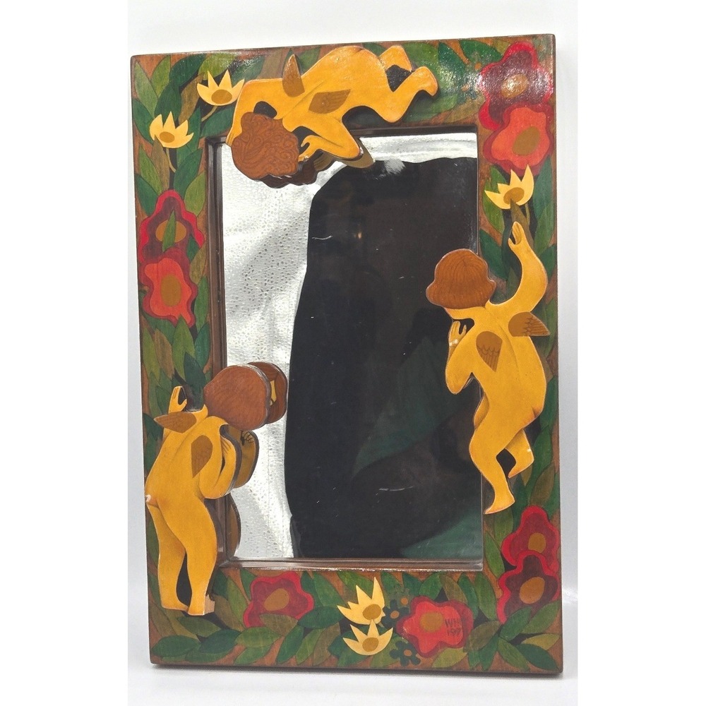 Hand Carved Wooden Mirror Cherub Flower‎ Design Wall Art Unique Decorative